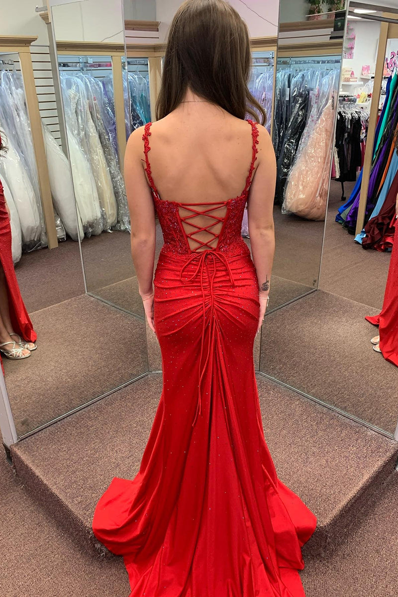Load image into Gallery viewer, Sparkly Red Beaded Satin Long Corset Prom Dress with Slit