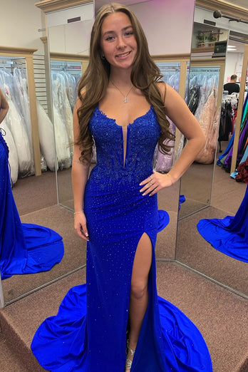 Sparkly Red Beaded Satin Long Corset Prom Dress with Slit