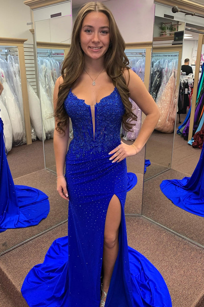 Load image into Gallery viewer, Sparkly Red Beaded Satin Long Corset Prom Dress with Slit