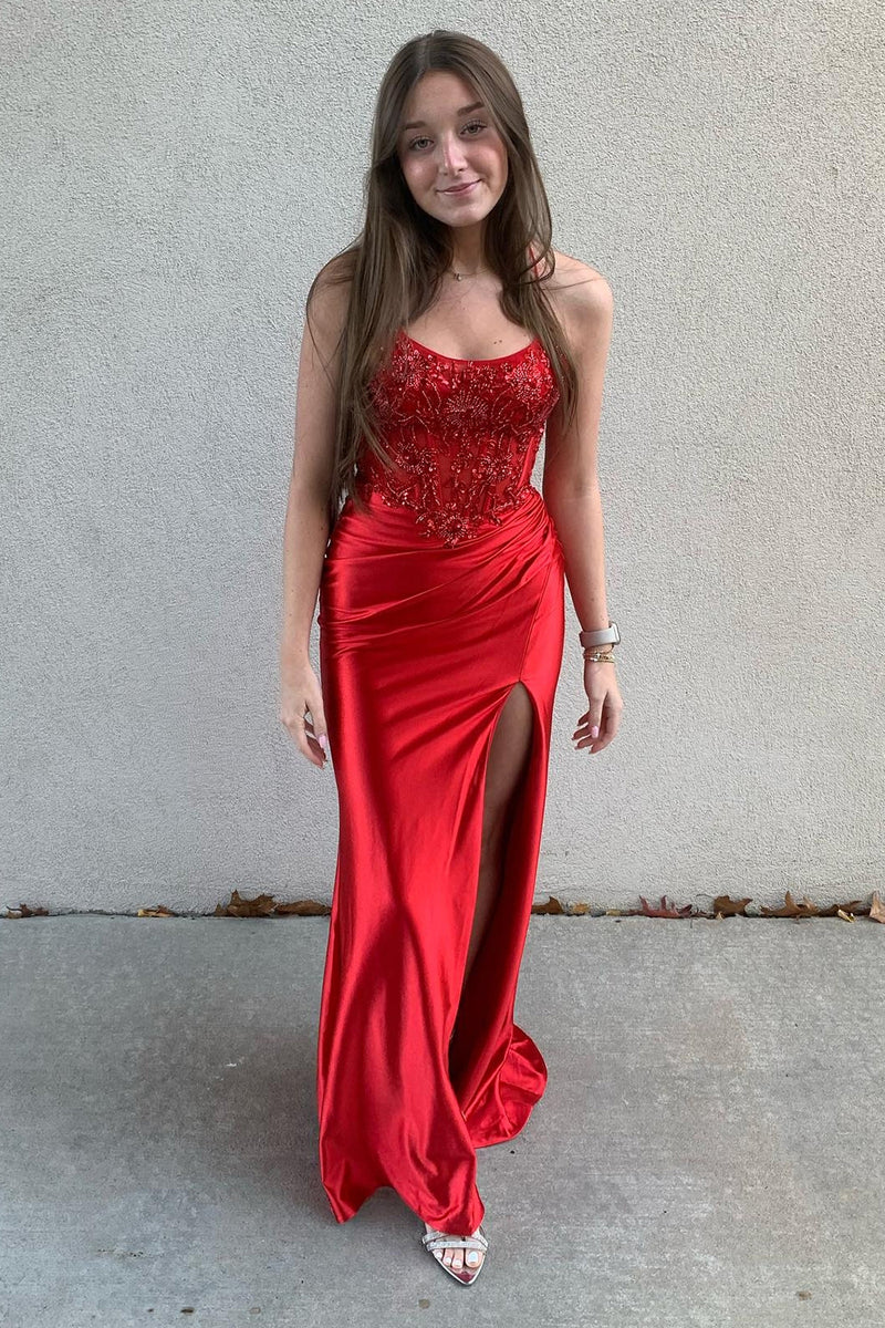 Load image into Gallery viewer, Sparkly Red Appliqued Spaghetti Straps Long Corset Prom Dress with Slit