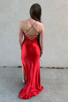 Load image into Gallery viewer, Sparkly Red Appliqued Spaghetti Straps Long Corset Prom Dress with Slit