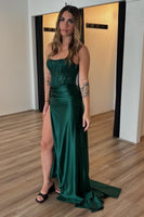 Load image into Gallery viewer, Sparkly Dark Green Strapless Satin Long Corset Prom Dress with Slit