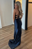 Load image into Gallery viewer, Sparkly Black Spaghetti Straps Mermaid Long Corset Prom Dress with Slit