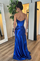 Load image into Gallery viewer, Royal Blue Strapless Ruched Long Corset Prom Dress with Slit