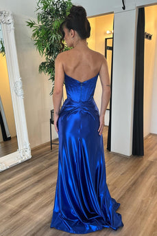 Royal Blue Strapless Ruched Long Corset Prom Dress with Slit