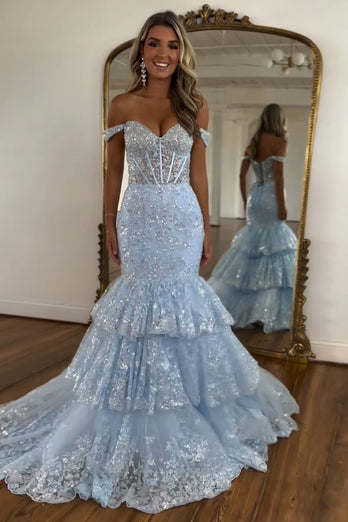 Sparkly Light Blue Off the Shoulder Tiered Long Corset Prom Dress