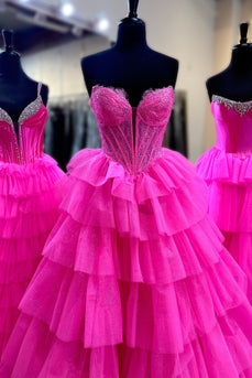 Sparkly Fuchsia Sweetheart Tiered Long Corset Prom Dress