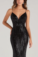 Load image into Gallery viewer, Sparkly Black Sequin Mermaid V-Neck Long Formal Dress