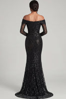 Load image into Gallery viewer, Sparkly Black Long Sleeves Mermaid Long Formal Dress with Lace