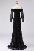 Load image into Gallery viewer, Sparkly Black Long Sleeves Mermaid Long Formal Dress with Lace