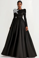 Load image into Gallery viewer, Black Satin Ball Gown Long Sleeves Long Formal Dress with Sparkly Flower