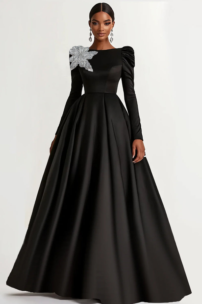 Load image into Gallery viewer, Black Satin Ball Gown Long Sleeves Long Formal Dress with Sparkly Flower