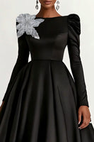 Load image into Gallery viewer, Black Satin Ball Gown Long Sleeves Long Formal Dress with Sparkly Flower