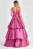 Load image into Gallery viewer, Fuchsia V-Neck Tiered Tiered Satin Long Formal Dress