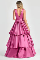 Load image into Gallery viewer, Fuchsia V-Neck Tiered Tiered Satin Long Formal Dress
