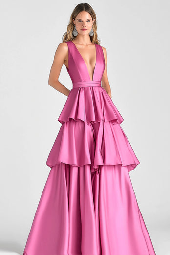 Fuchsia V-Neck Tiered Tiered Satin Long Formal Dress