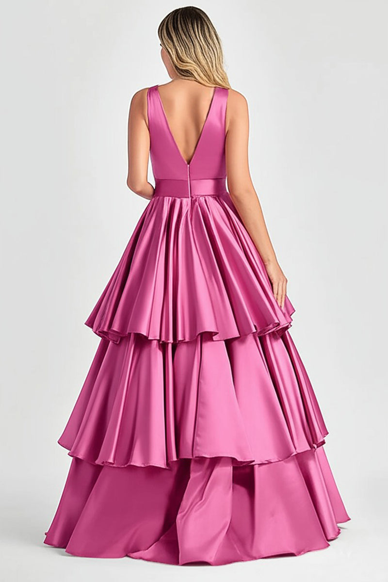Load image into Gallery viewer, Fuchsia V-Neck Tiered Tiered Satin Long Formal Dress