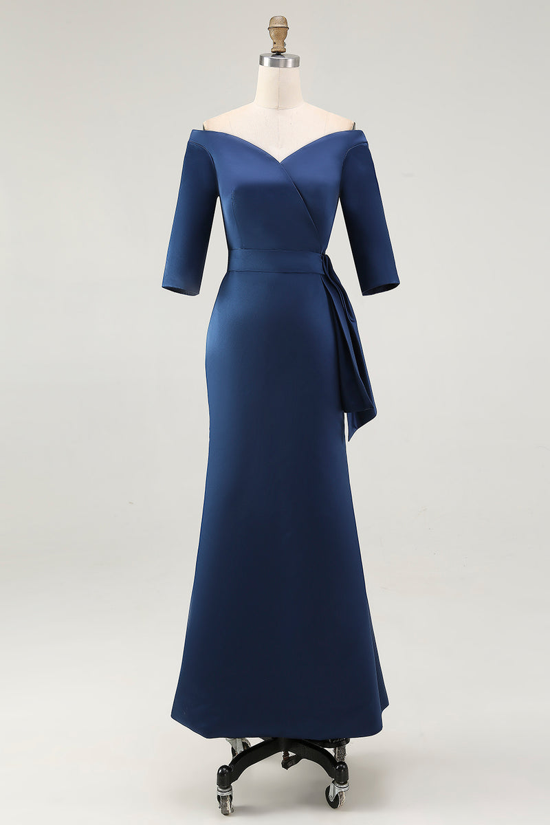 Load image into Gallery viewer, Elegant Navy Off the Shoulder Long Mother of the Bride Dress with Sleeves