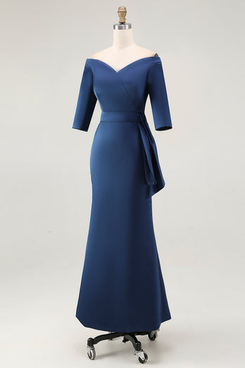 Elegant Navy Off the Shoulder Long Mother of the Bride Dress with Sleeves