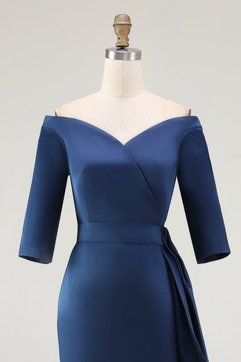 Elegant Navy Off the Shoulder Long Mother of the Bride Dress with Sleeves
