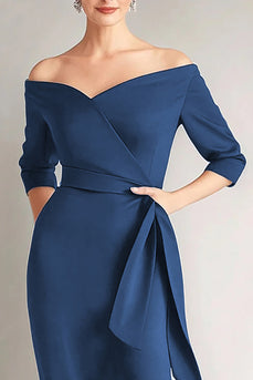 Elegant Navy Off the Shoulder Mother of the Bride Dress