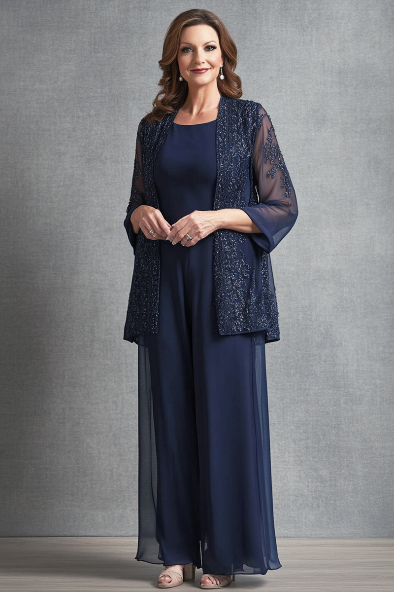 Load image into Gallery viewer, Queendancer Women Wedding Guest Dress Sparkly Navy Jumpsuit with Jacket Chiffon Floor Length Mother of the Bride Dress with Appliques Lace