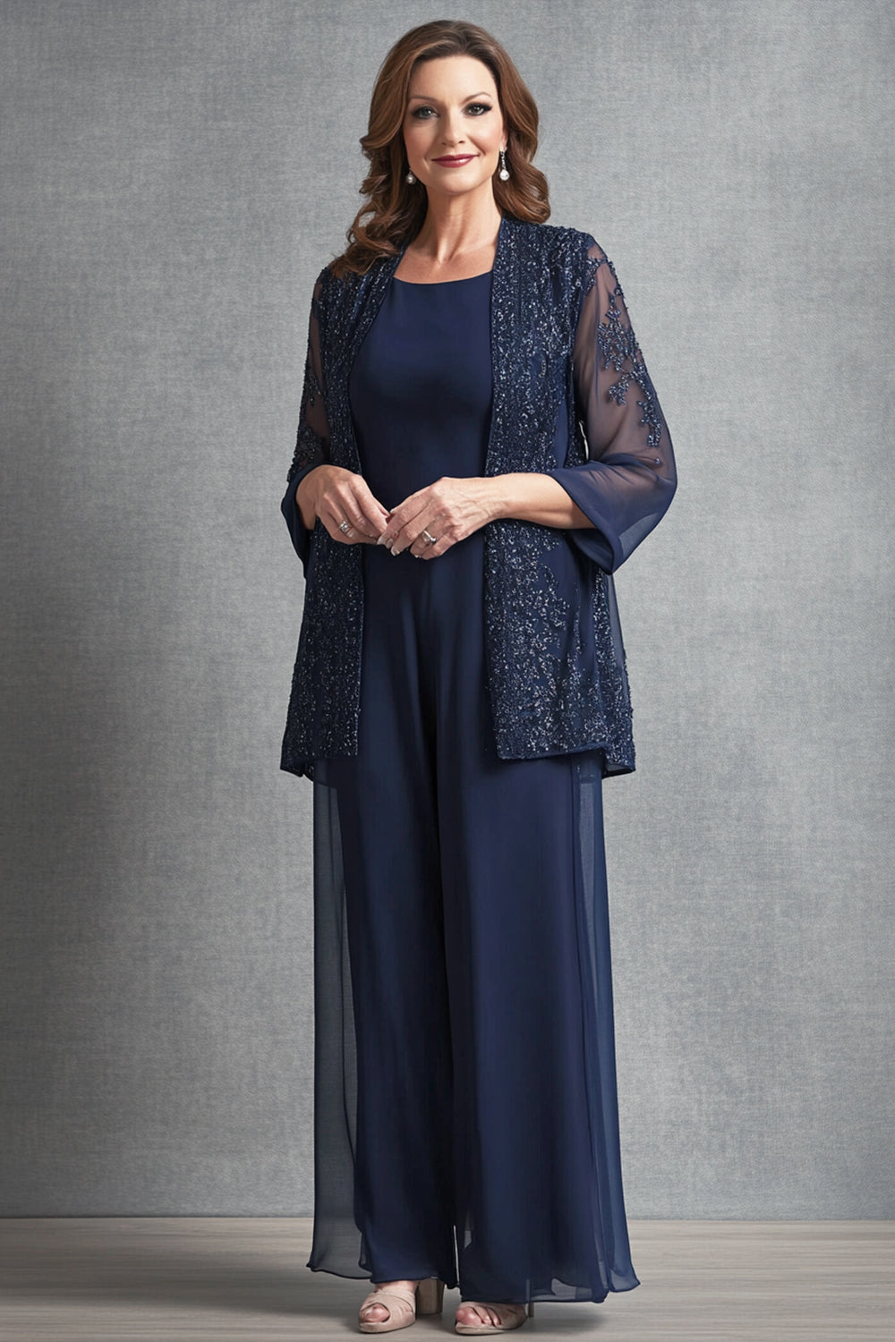 Queendancer Women Wedding Guest Dress Sparkly Navy Jumpsuit with Jacket Chiffon Floor Length Mother of the Bride Dress with Appliques Lace