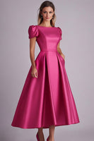 Load image into Gallery viewer, Queendancer Women Wedding Guest Dress Fuchsia Satin Mother of the Bride Dress A Line Puff Sleeves Boat Neck Mother of the Groom Dress