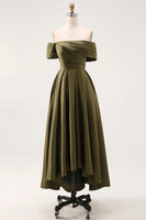 Load image into Gallery viewer, Olive Satin Off the Shoulder Asymmetrical Mother of the Bride Dress