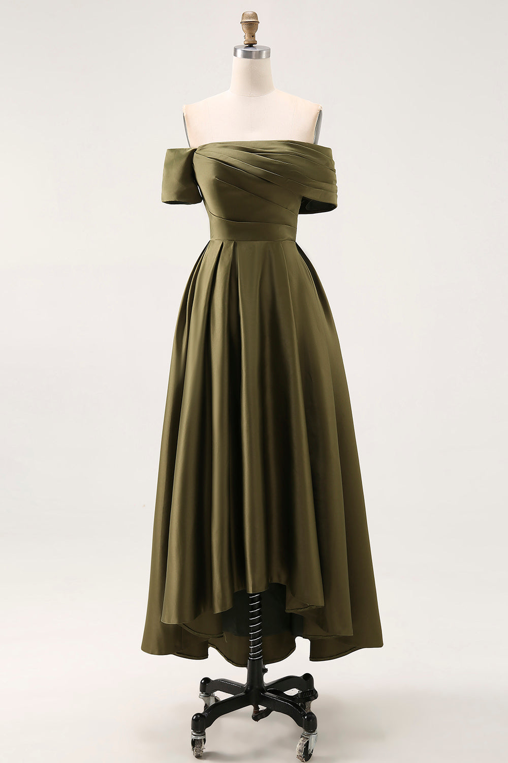 Olive Satin Off the Shoulder Asymmetrical Mother of the Bride Dress
