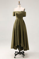 Load image into Gallery viewer, Olive Satin Off the Shoulder Asymmetrical Mother of the Bride Dress