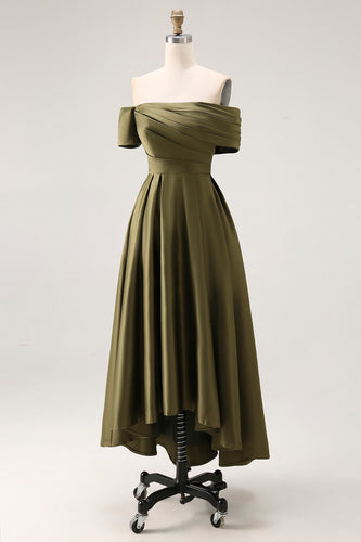 Olive Satin Off the Shoulder Asymmetrical Mother of the Bride Dress