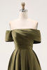 Load image into Gallery viewer, Olive Satin Off the Shoulder Asymmetrical Mother of the Bride Dress