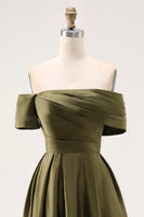 Load image into Gallery viewer, Olive Satin Off the Shoulder Asymmetrical Mother of the Bride Dress