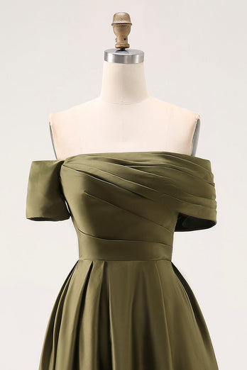Olive Satin Off the Shoulder Asymmetrical Mother of the Bride Dress