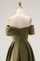 Load image into Gallery viewer, Olive Satin Off the Shoulder Asymmetrical Mother of the Bride Dress