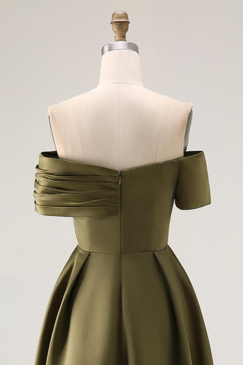 Olive Satin Off the Shoulder Asymmetrical Mother of the Bride Dress