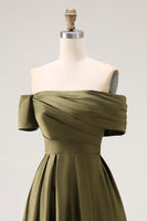 Load image into Gallery viewer, Olive Satin Off the Shoulder Asymmetrical Mother of the Bride Dress