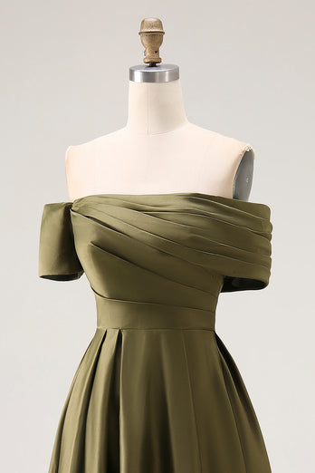 Olive Satin Off the Shoulder Asymmetrical Mother of the Bride Dress