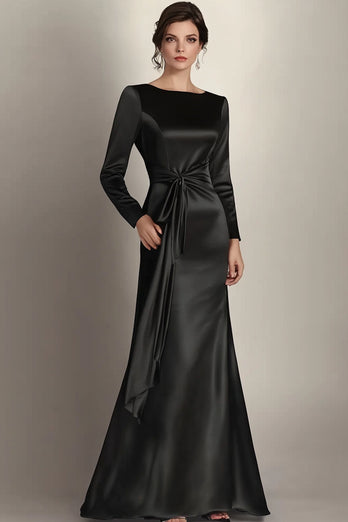Queendancer Women Elegant Black Satin Mother of the Bride Dress with Long Sleeves Sheath Floor Length Round Neck Mother Dress with Side Waist