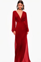 Load image into Gallery viewer, Red A Line V-Neck Chiffon Long Formal Dress with Long Sleeves