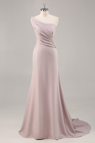 Khaki Mermaid One Shoulder Ruched Long Satin Formal Dress