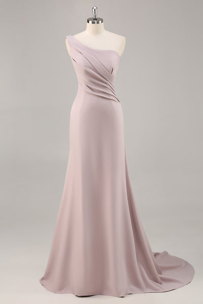 Khaki Mermaid One Shoulder Ruched Long Satin Formal Dress