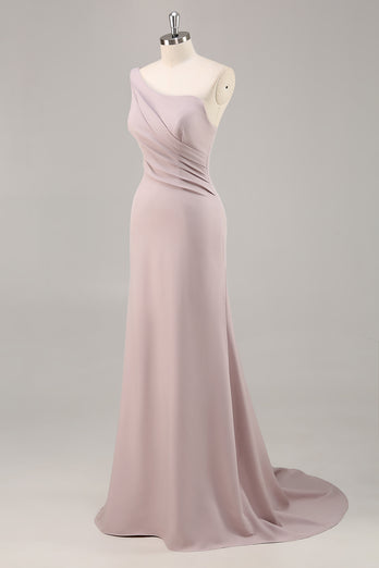 Khaki Mermaid One Shoulder Ruched Long Satin Formal Dress