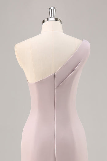 Khaki Mermaid One Shoulder Ruched Long Satin Formal Dress
