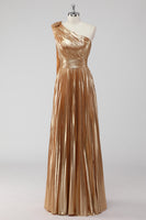 Load image into Gallery viewer, Metallic Gold One Shoulder A Line Pleated Long Formal Dress with 3D Flower