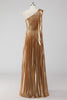 Load image into Gallery viewer, Metallic Golden One Shoulder A Line Pleated Long Formal Dress