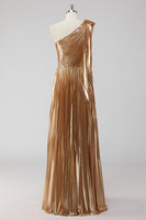 Load image into Gallery viewer, Metallic Gold One Shoulder A Line Pleated Long Formal Dress with 3D Flower