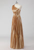 Load image into Gallery viewer, Metallic Golden One Shoulder A Line Pleated Long Formal Dress