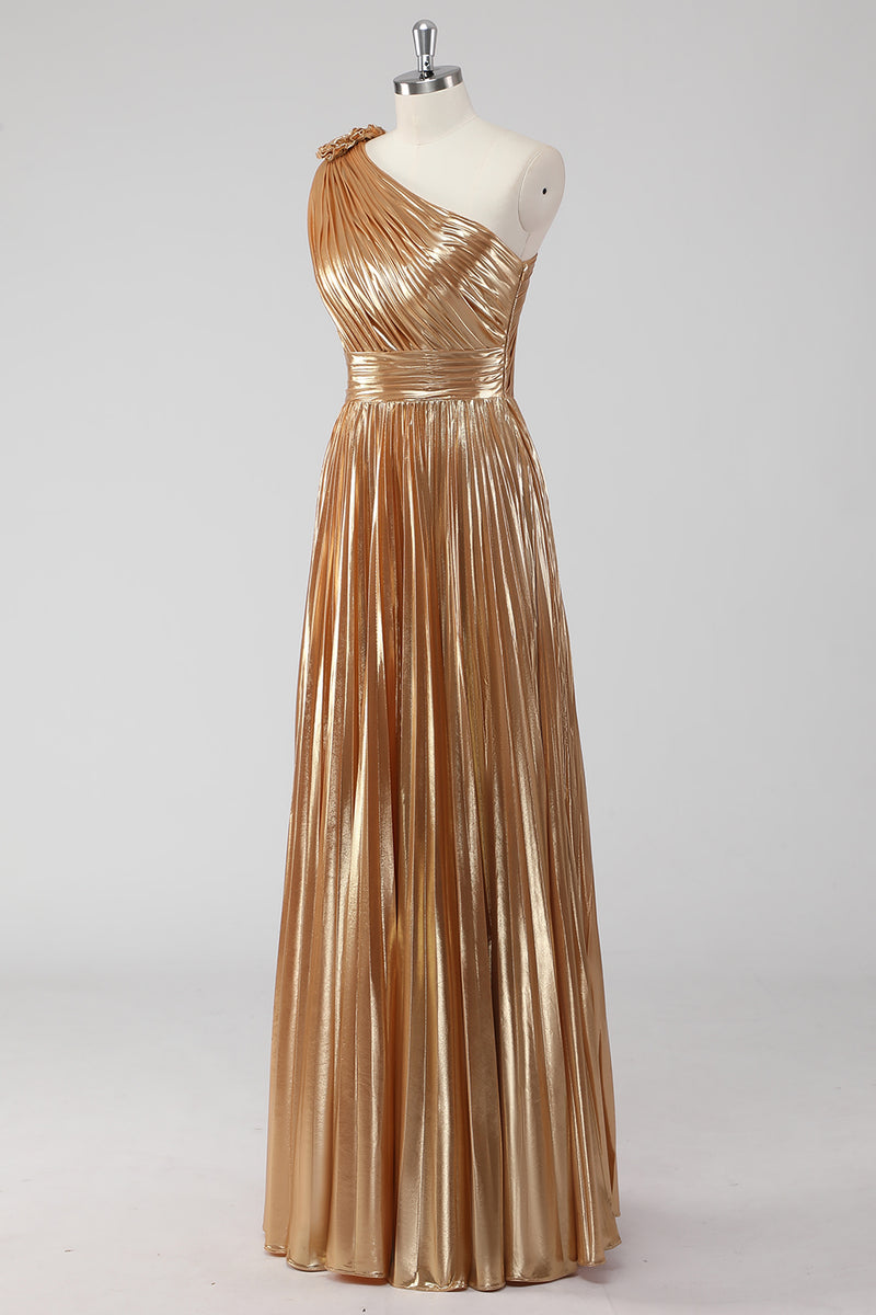 Load image into Gallery viewer, Metallic Golden One Shoulder A Line Pleated Long Formal Dress